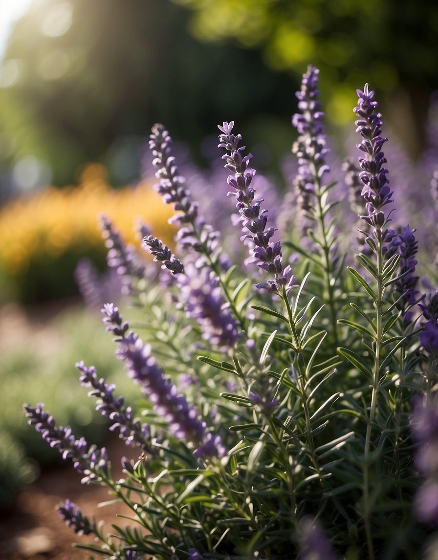 A colorful array of fragrant plants fill the yard, including lavender, jasmine, and rosemary. The air is filled with a sweet, floral aroma, creating a peaceful and inviting atmosphere