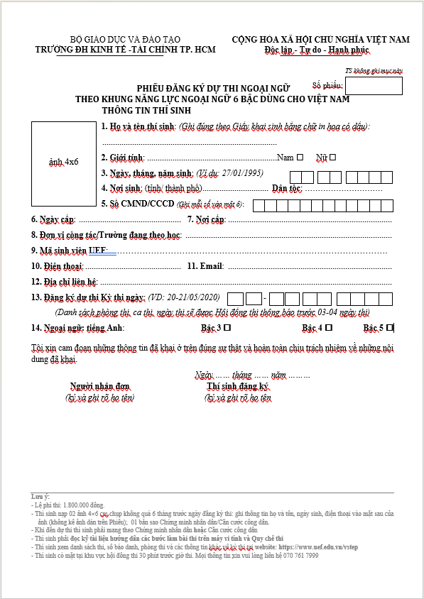Phiếu đăng ký dự thi VSTEP tại trường ĐHKTTC TP.HCM