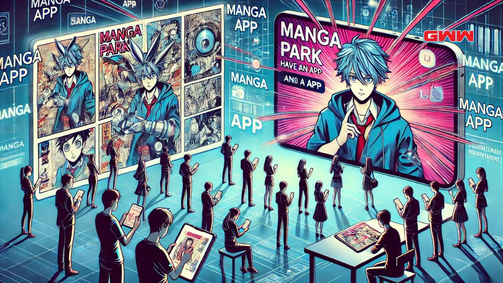 A widescreen illustration showing the concept of Manga Park having an app. 