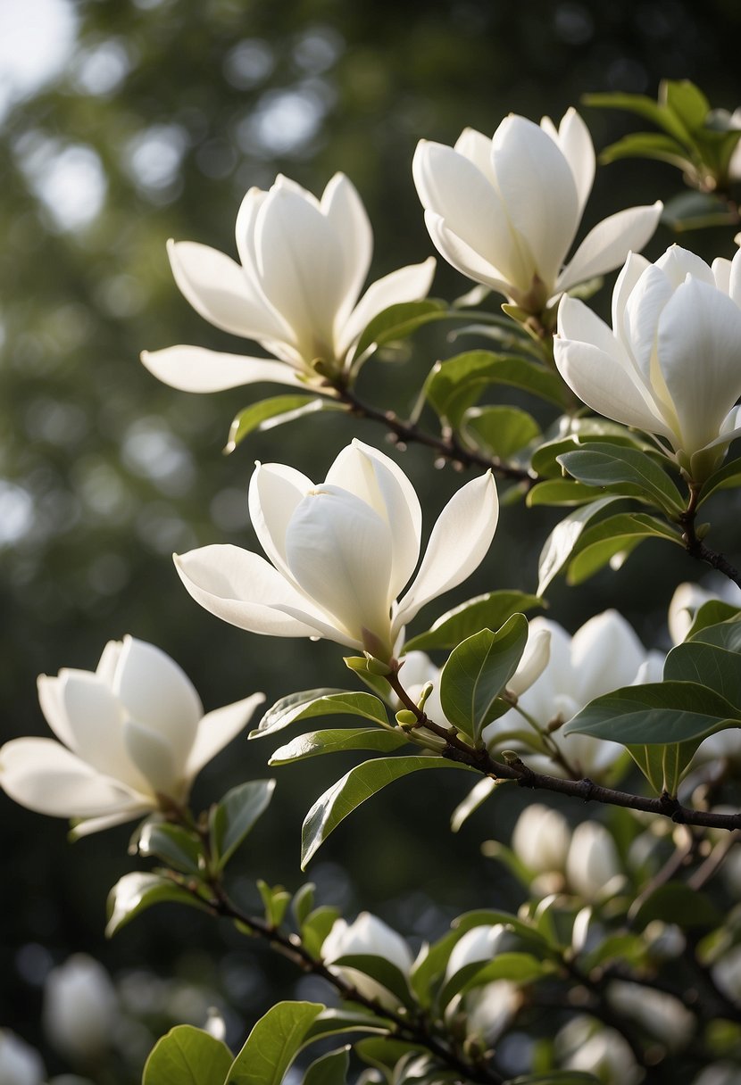 A close-up of 31 white magnolia flowers with delicate petals and green leaves against a soft, blurred background