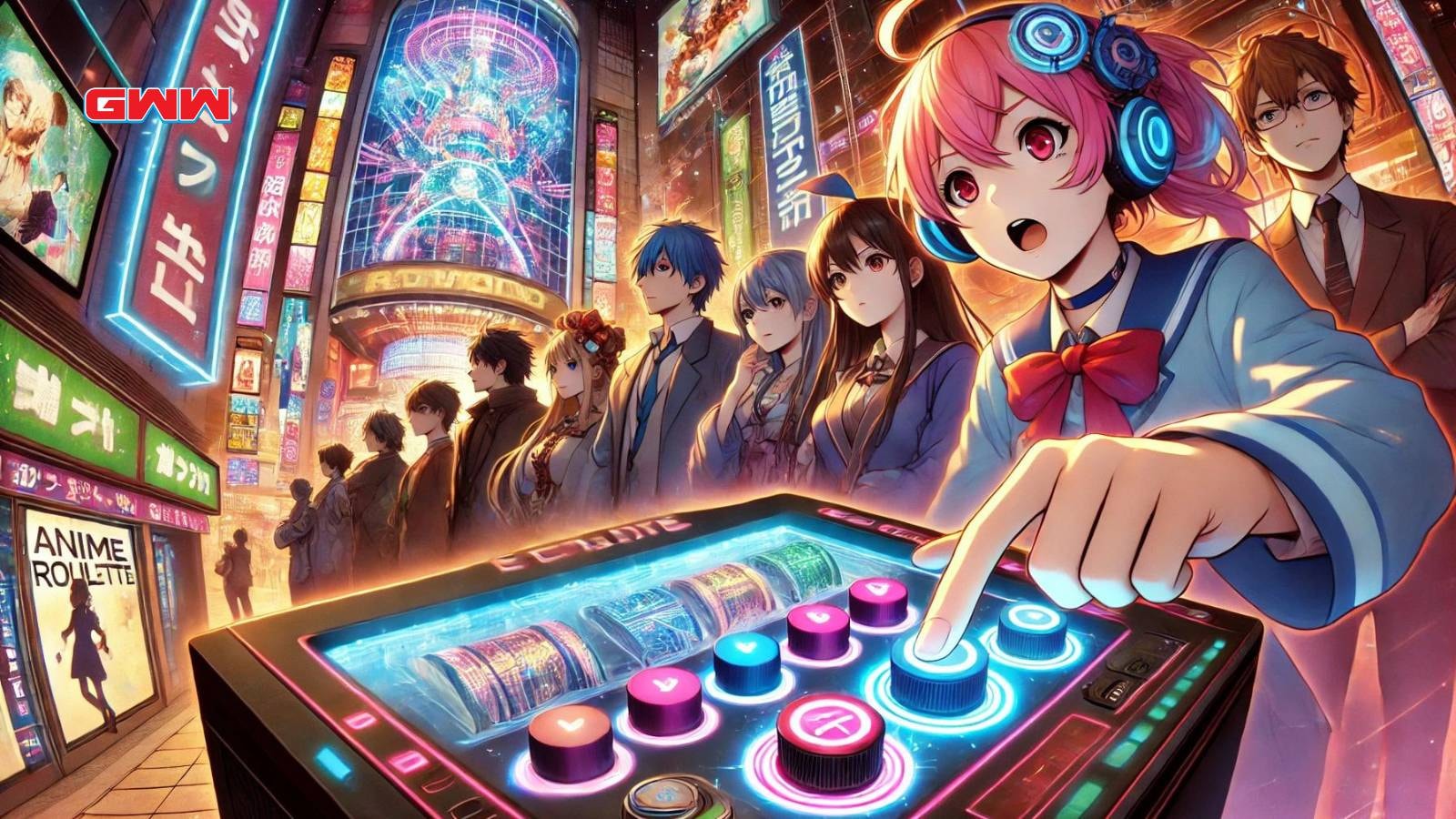 An anime-themed scene showing characters interacting with a high-tech console or device, entering a code.