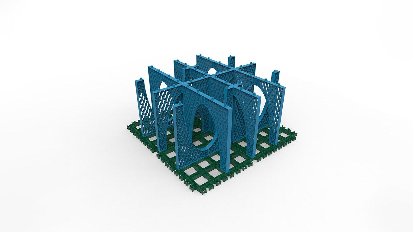 A blue and green building structure Description automatically generated