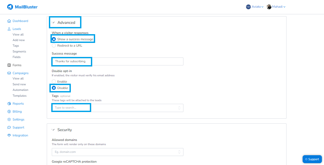 Working on Advanced tab in popup forms MailBluster