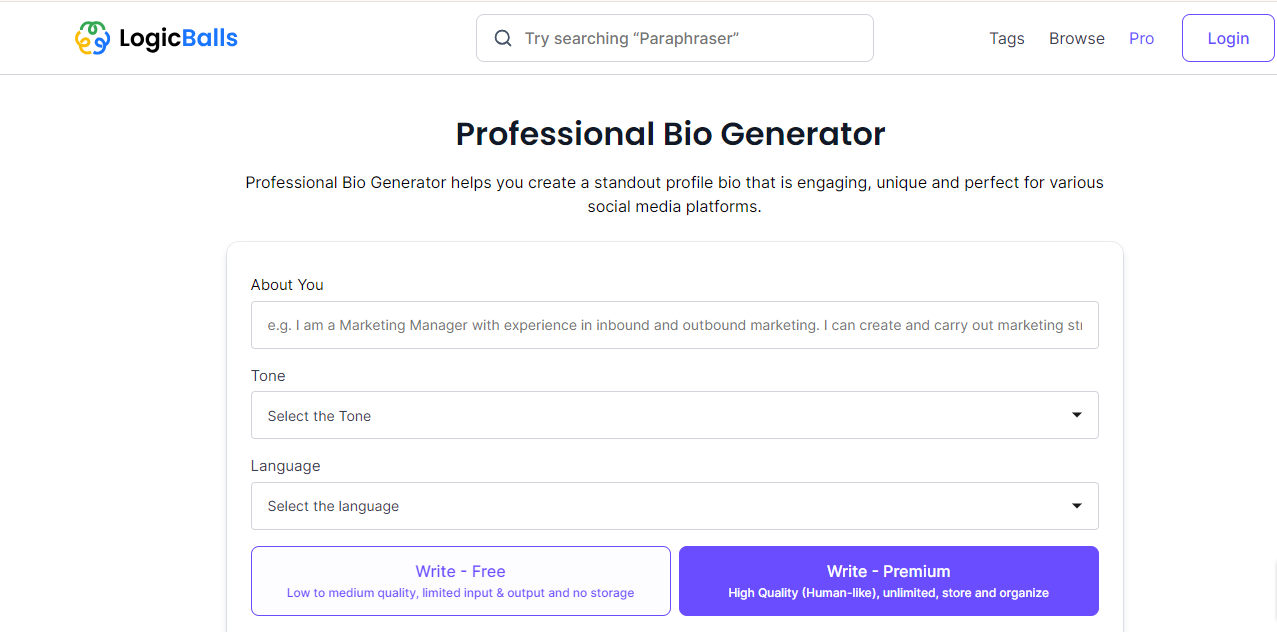 LogicBalls Profile Bio Generator