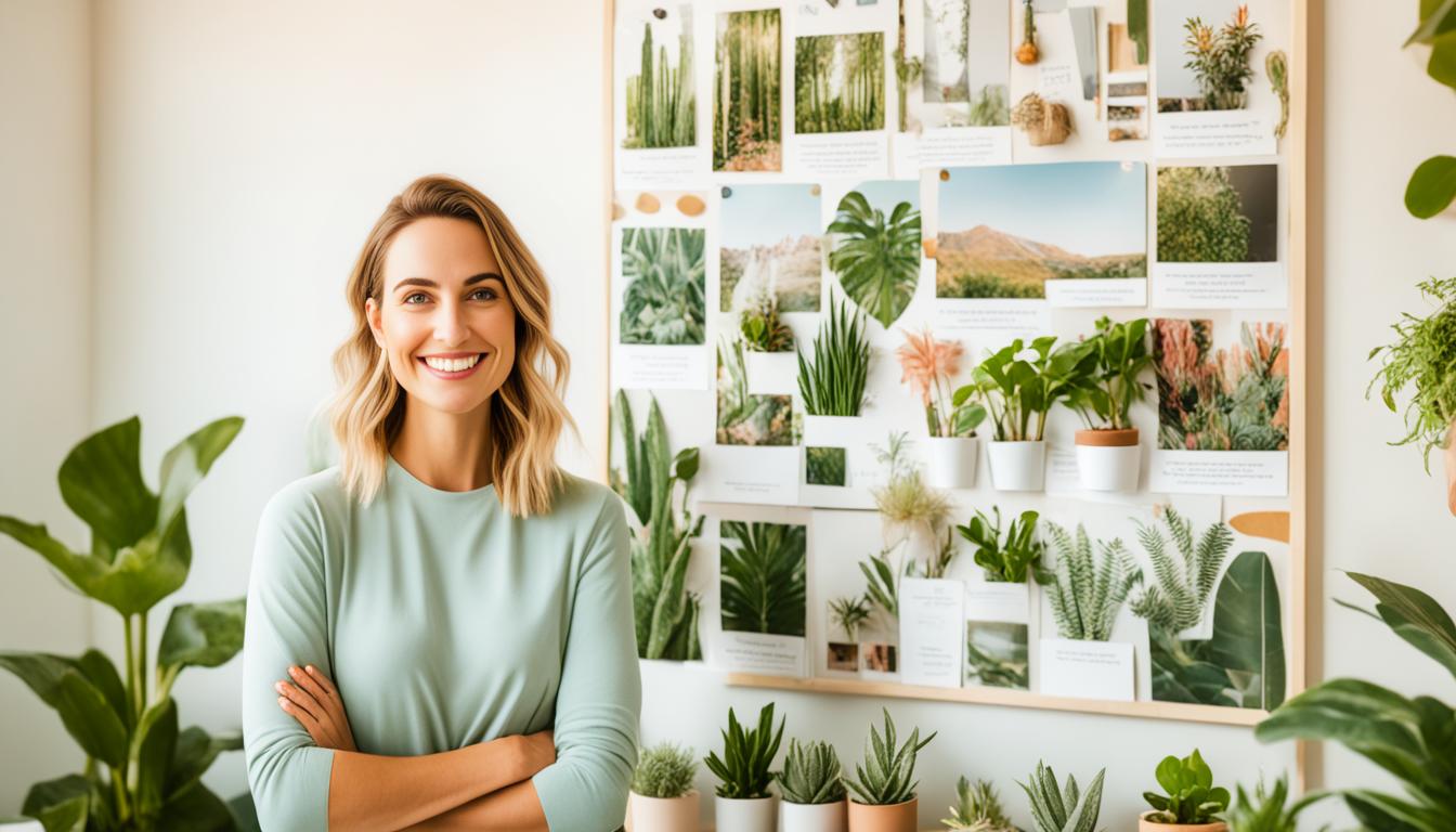 A person standing in front of a mirror, repeating positive affirmations while holding a vision board with images of their dream job. The room is filled with natural light and plants, creating a calm and inspiring atmosphere. The person is smiling confidently, ready to manifest their desired career.