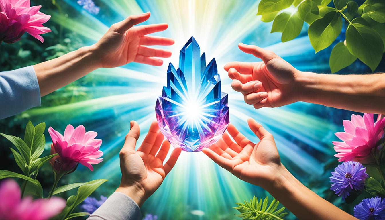 A beam of healing light emanates from a group of hands placed over a glowing crystal, surrounded by lush greenery and blooming flowers. The light is composed of vibrant colors representing various aspects of good health, such as pink for love, green for growth, and blue for tranquility. The crystal serves as a conduit for the energy, amplifying and directing it towards the recipient. A feeling of serenity and positivity permeates the image, embodying the power of spiritual healing techniques to manifest good health for others.