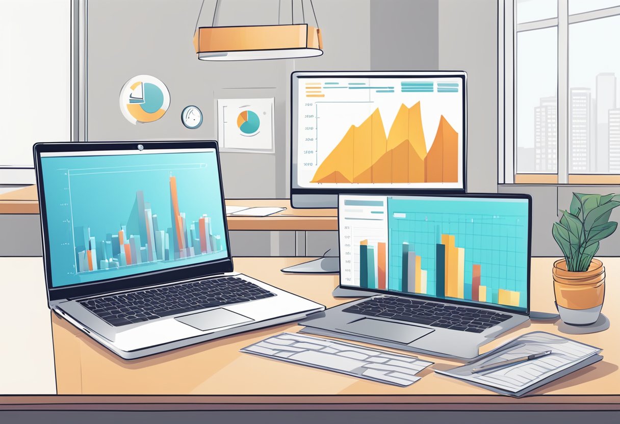 A laptop on a desk with a graph showing sales performance. A virtual meeting in progress with a sales team discussing compensation structures