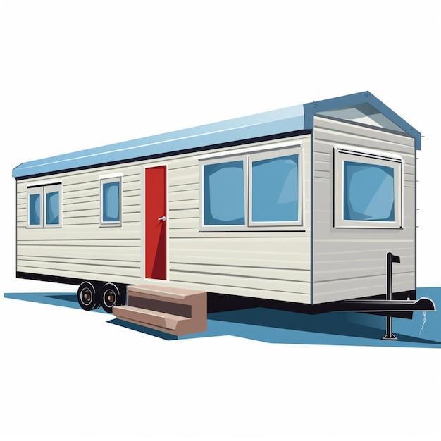 there is a small white trailer with a red door and a ramp generative ai