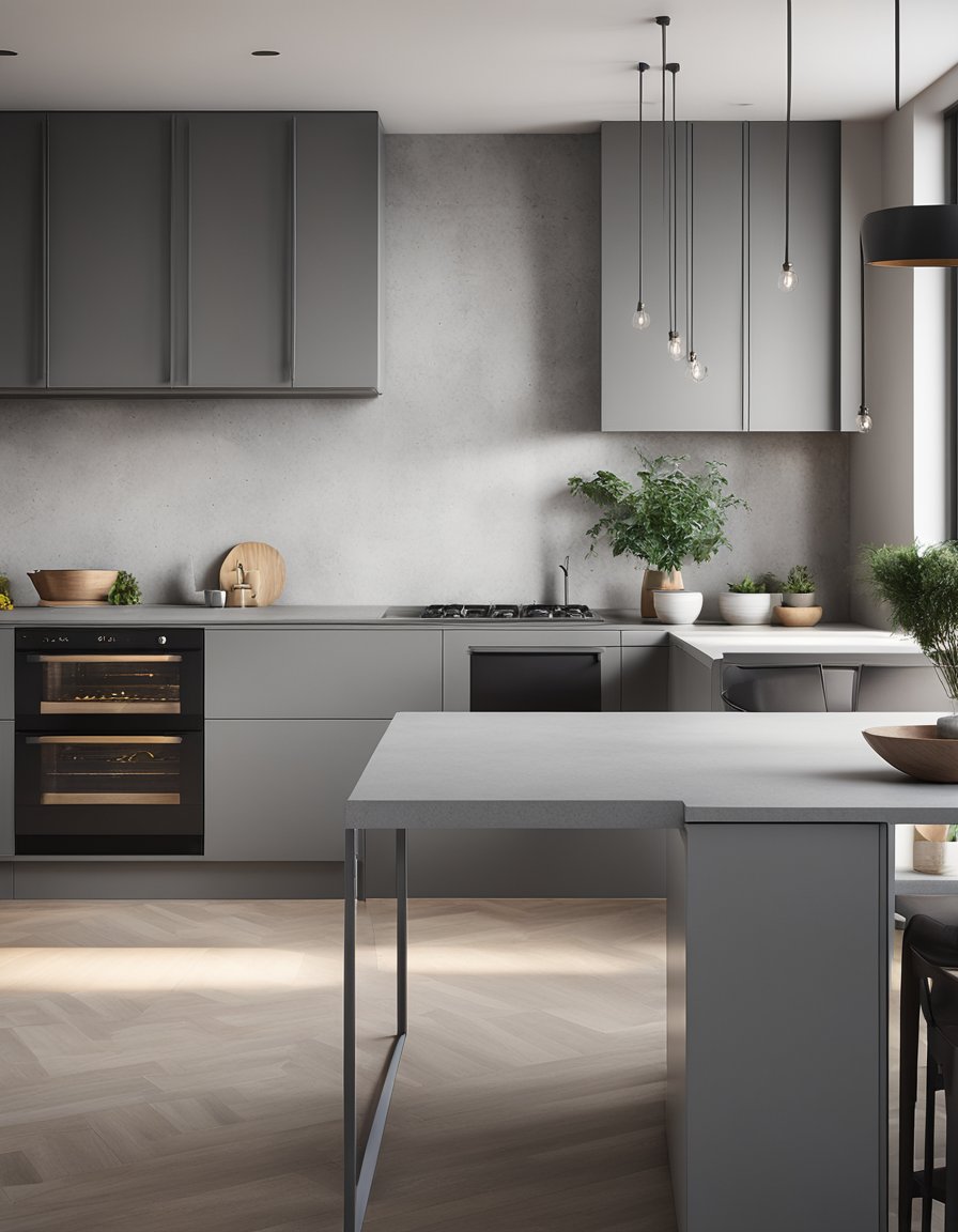 A kitchen with concrete-look light gray cabinets, sleek and modern, with clean lines and minimalistic design