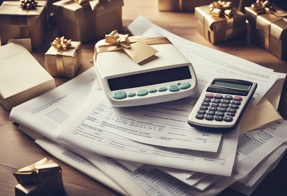 A stack of gift-wrapped presents with a tax form and calculator, surrounded by legal documents and financial statements