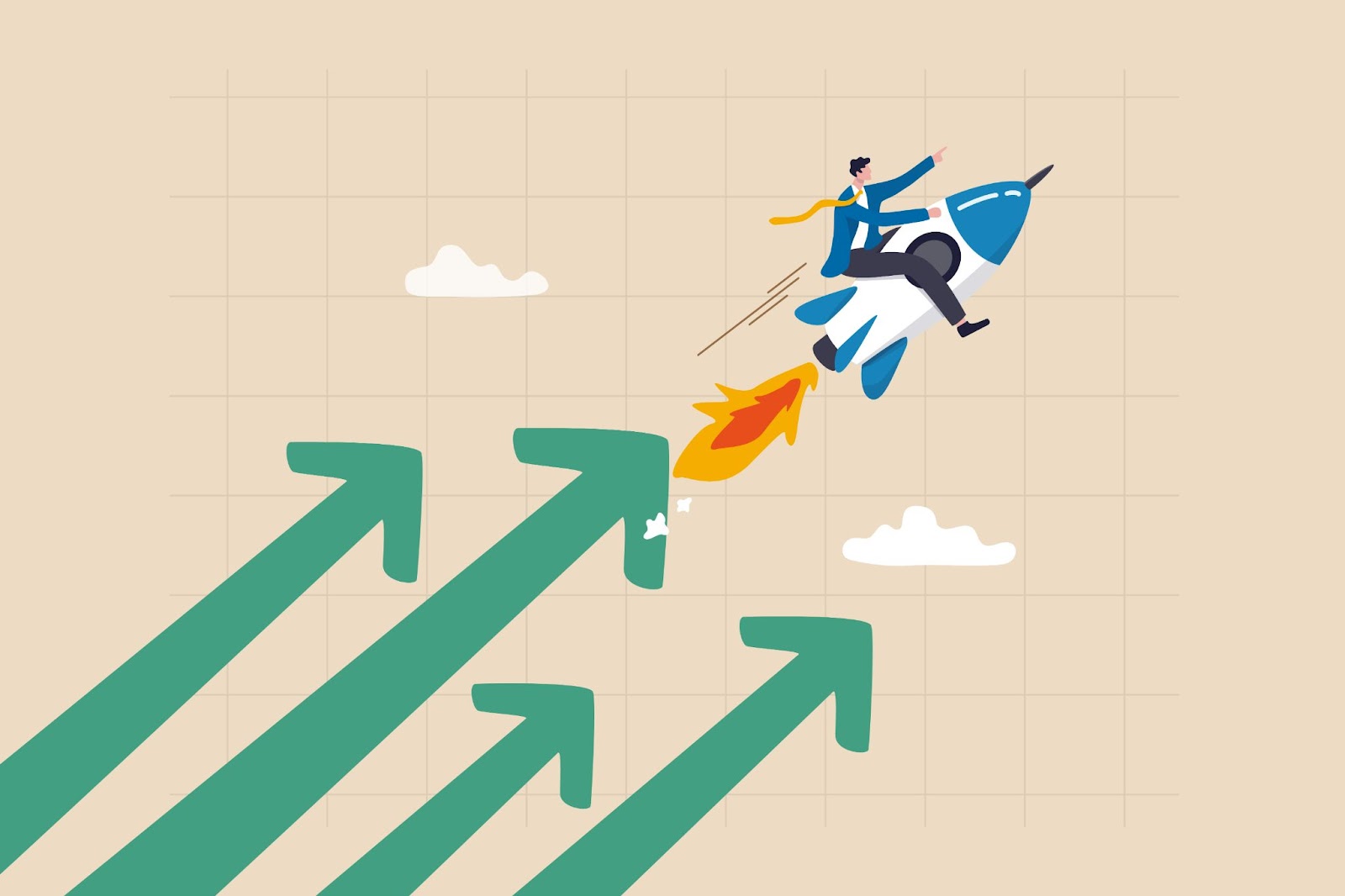 Illustration of a person riding a rocket, rising above three large green upward arrows, symbolizing growth, success, and productivity booster.