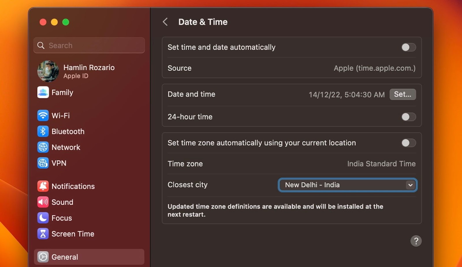 Date and Time Zone settings in macOS 