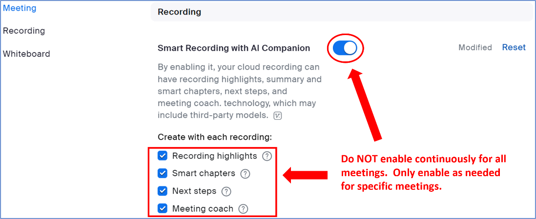 Zoom web options for Smart Recording with a toggle button to enable the feature and a set of checkboxes for what to create with each recording. The screenshot has annotations reading "Do NOT enable continuously for all meetings. Only enable as needed for specific meetings".