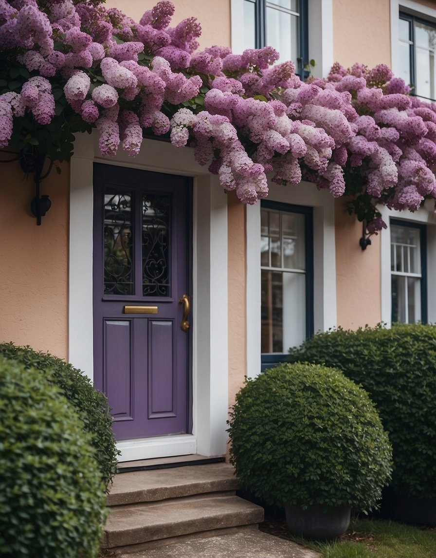 Vibrant lilac bushes line the front of a charming house, creating a colorful and inviting entrance