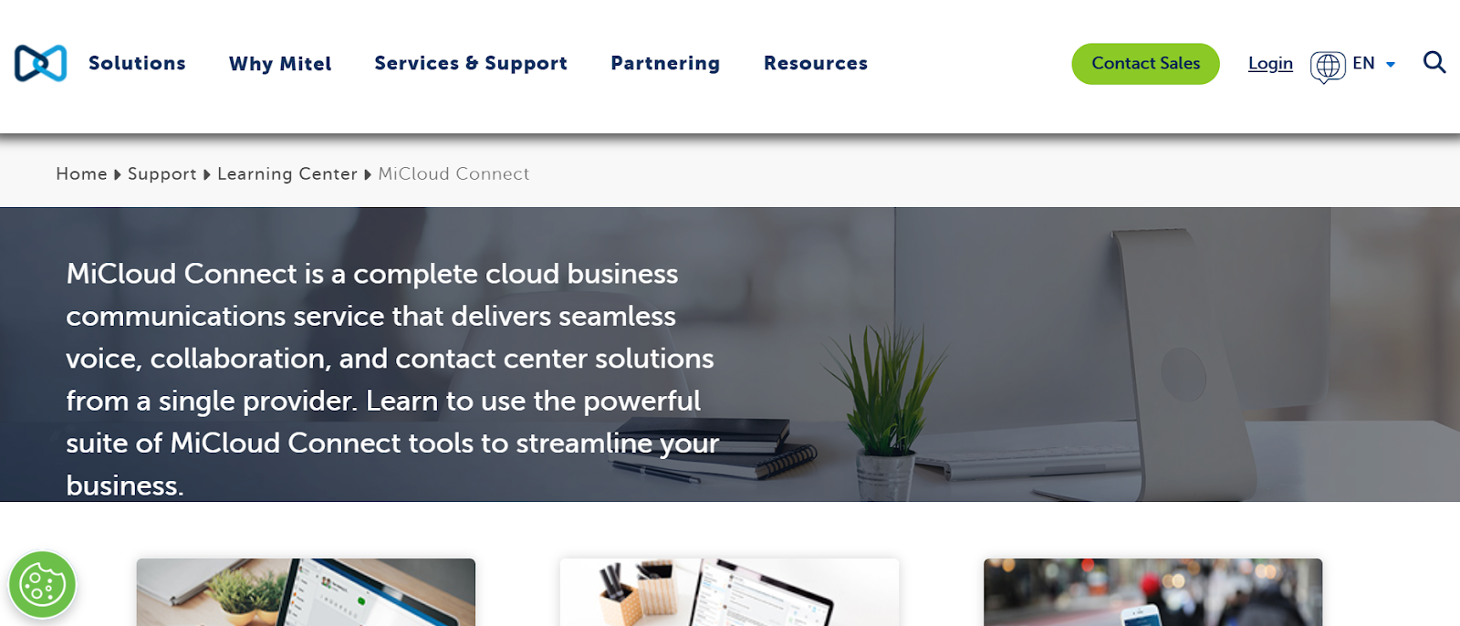 Mitel MiCloud Connect website snapshot highlighting the services it offers.