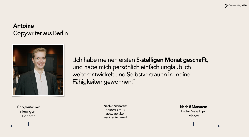 Copywriter, der mit Copywriting auf Deutsch 5-stellige Monate gemacht hat.
