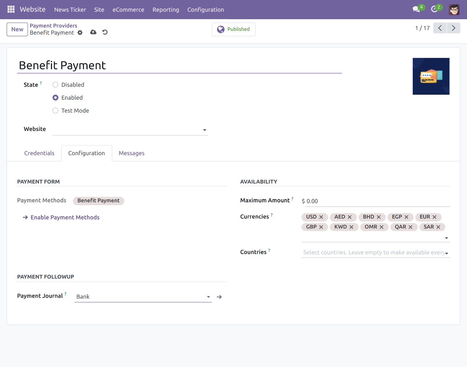 Odoo Website BenefitPay Payment Acquirer