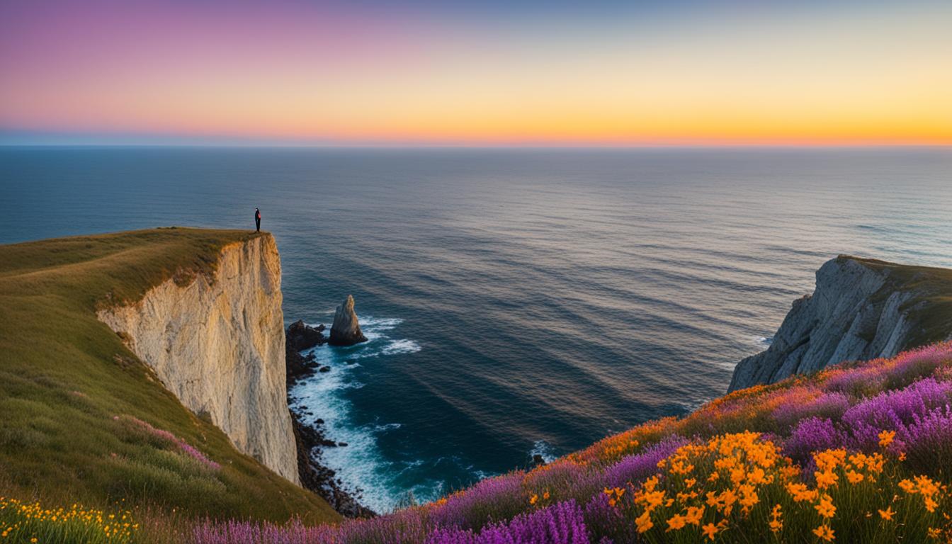 A solitary figure standing at the edge of a cliff, overlooking a vast and tranquil sea. The person seems lost in thought, contemplating the nature of self-discovery and what it means to truly manifest love. The sun is setting in the distance, casting a warm glow across the landscape and creating a sense of peace and serenity. In the foreground, wildflowers of different colors are scattered about, symbolizing the variety of experiences and emotions that come with the journey of self-discovery.