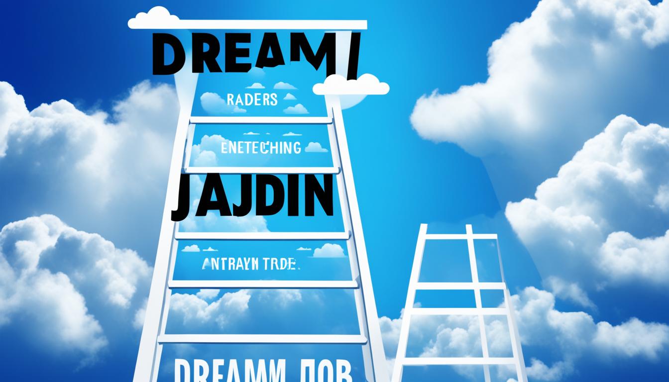 A blue background with a ladder leading up to a cloud with the words "dream job" written in bold white letters. On the ladder, there are different steps labeled with practical actions such as networking, updating resume, researching industries, and practicing interview skills. There is also a spotlight shining on the ladder to symbolize the importance of taking action towards manifesting a job offer.