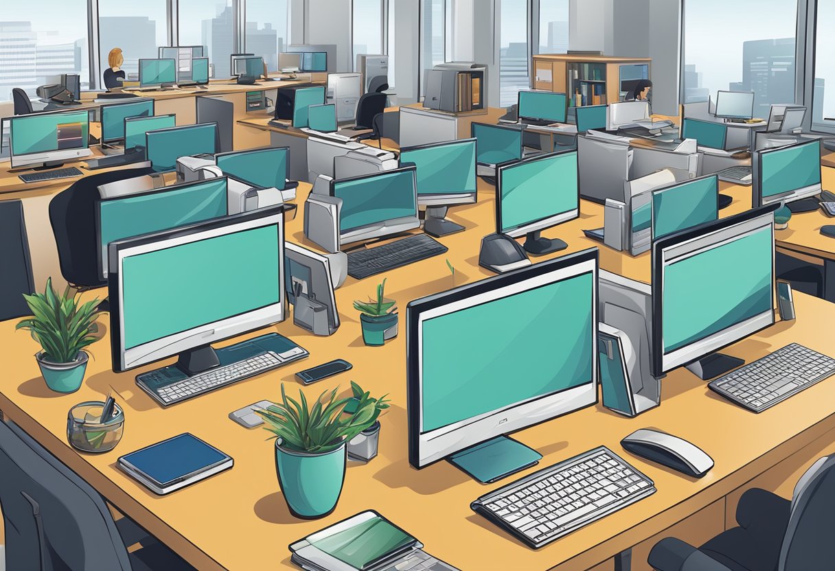 A bustling office with computers, phones, and creative marketing materials. The company logo prominently displayed