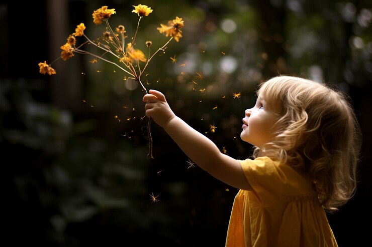 A little girl holding yellow flowers
