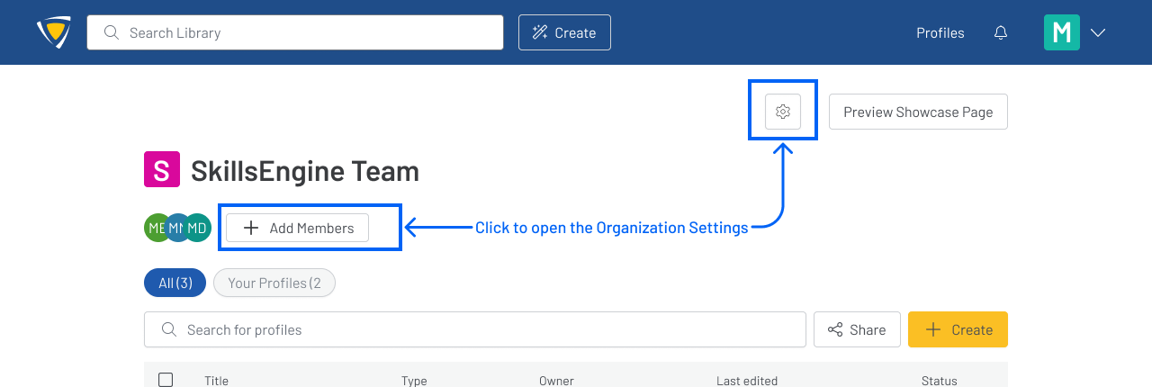 Screenshot of an organization profiles page with boxes around the buttons described in Step 2.