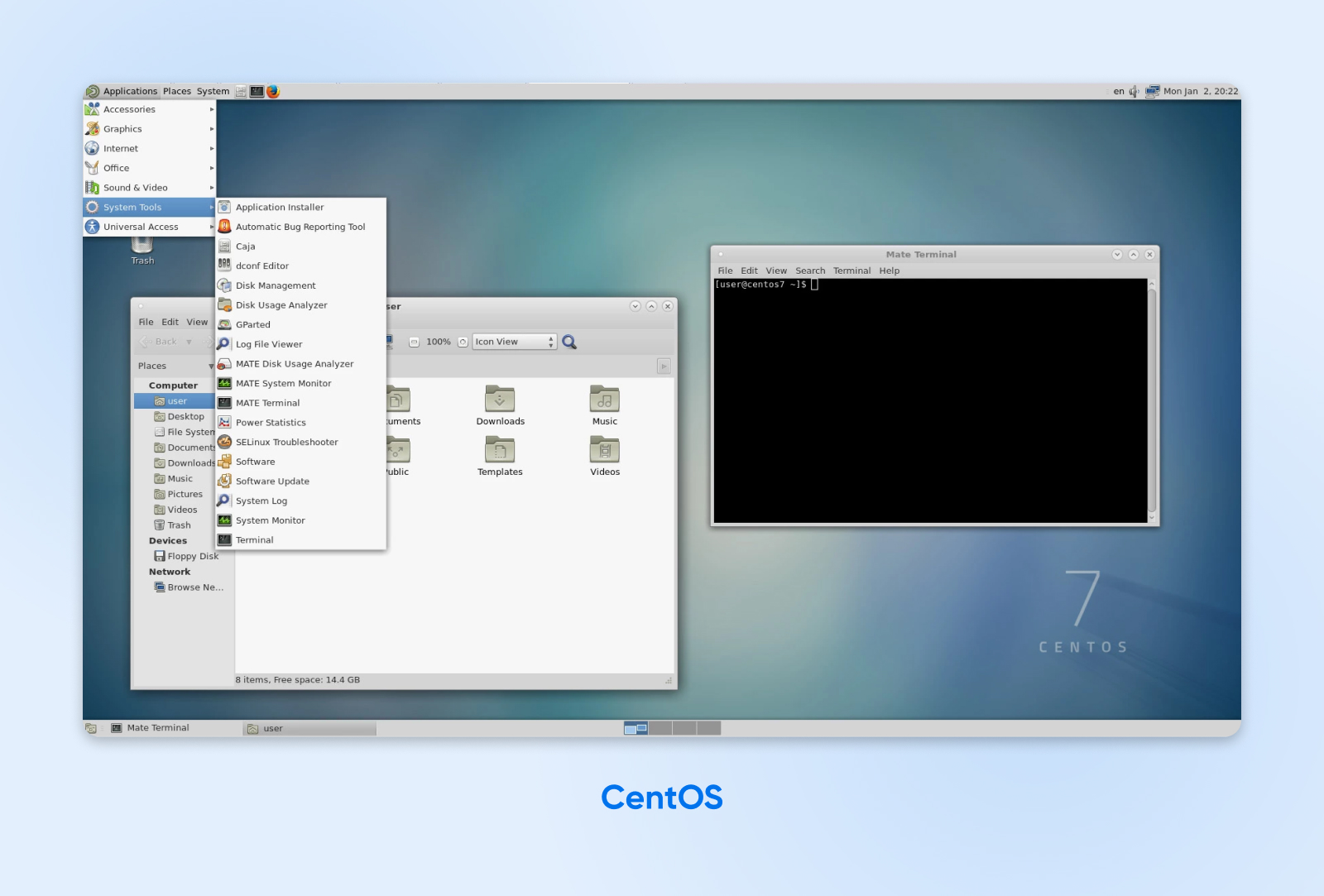 El escritorio GNOME en CentOS Linux, que muestra el administrador de archivos, la terminal y los íconos y widgets del escritorio.