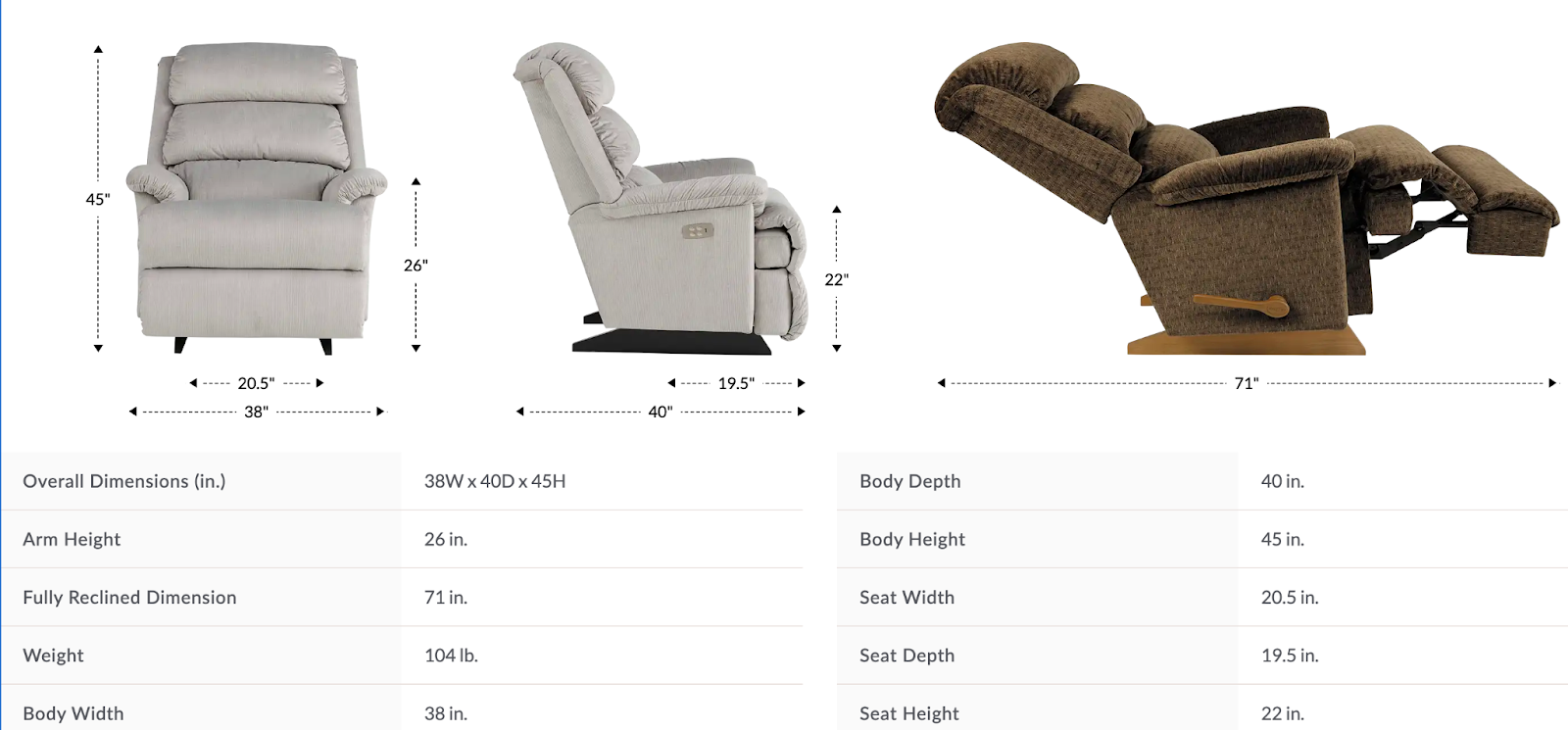 astor power rocking recliner w/ headrest dimensions