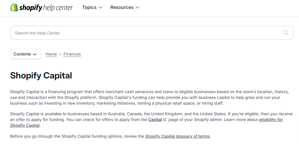 Shopify Capital Assistance