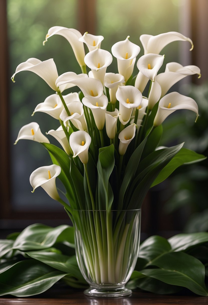 A vase holds 31 white Calla Lily flowers, arranged in a cascading pattern, with lush green leaves at the base