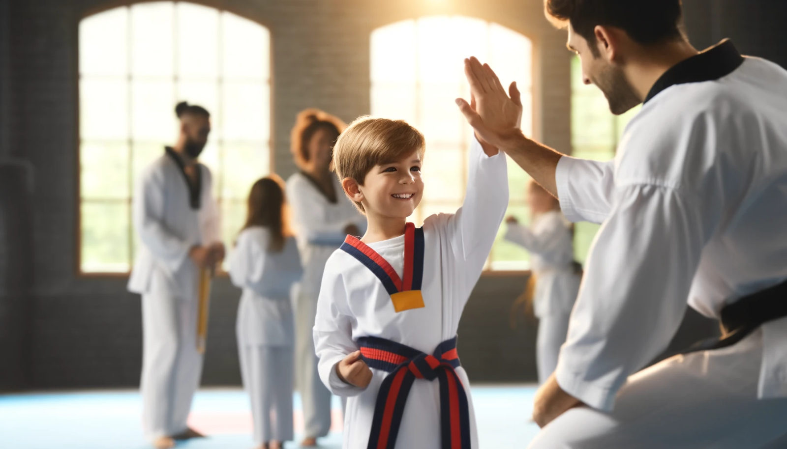 An image of a taekwondo instructor motivating his student.