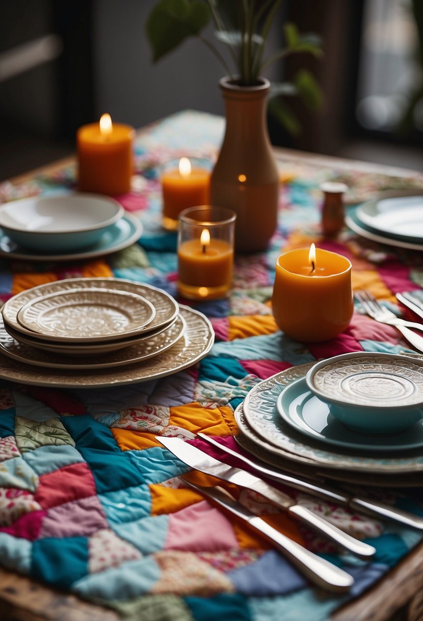 A table set with colorful quilted placemats, surrounded by various crafting materials and tools. The placemats are neatly arranged, showcasing their intricate designs and patterns