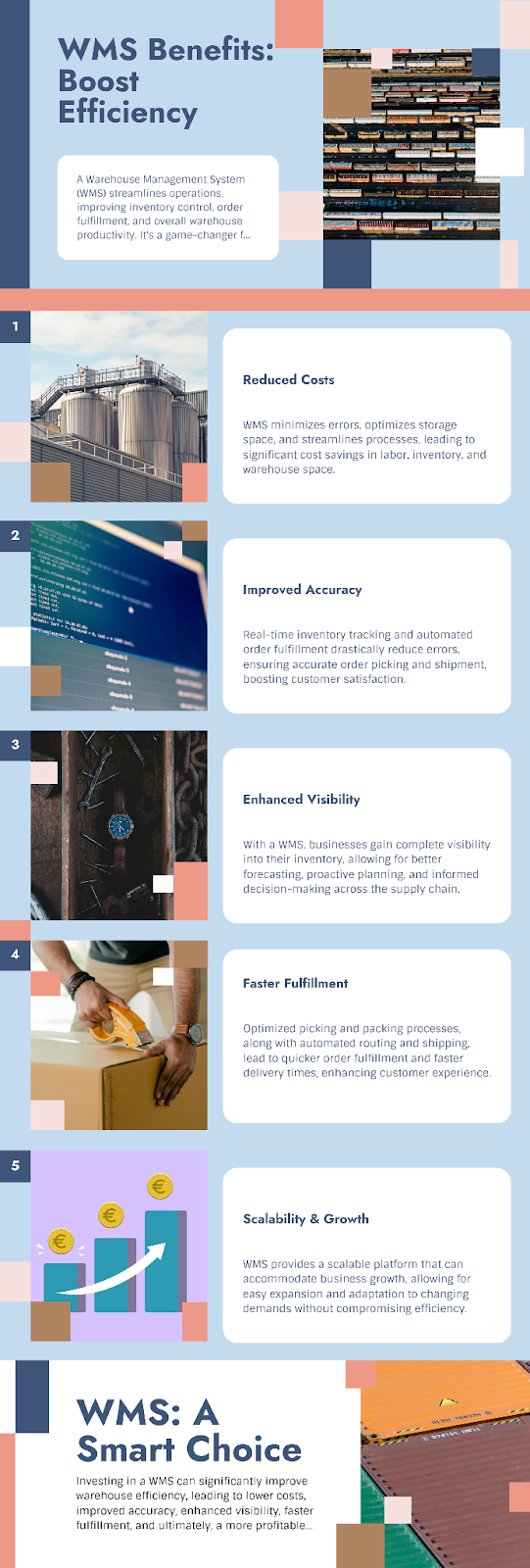 Infographic showing the benefits of WMS in logistics technology