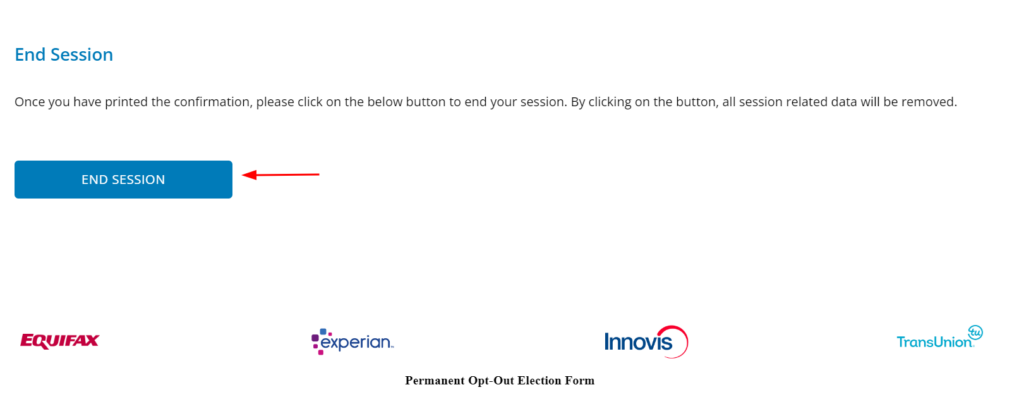 Screenshot of ending session on Innovis post opt out