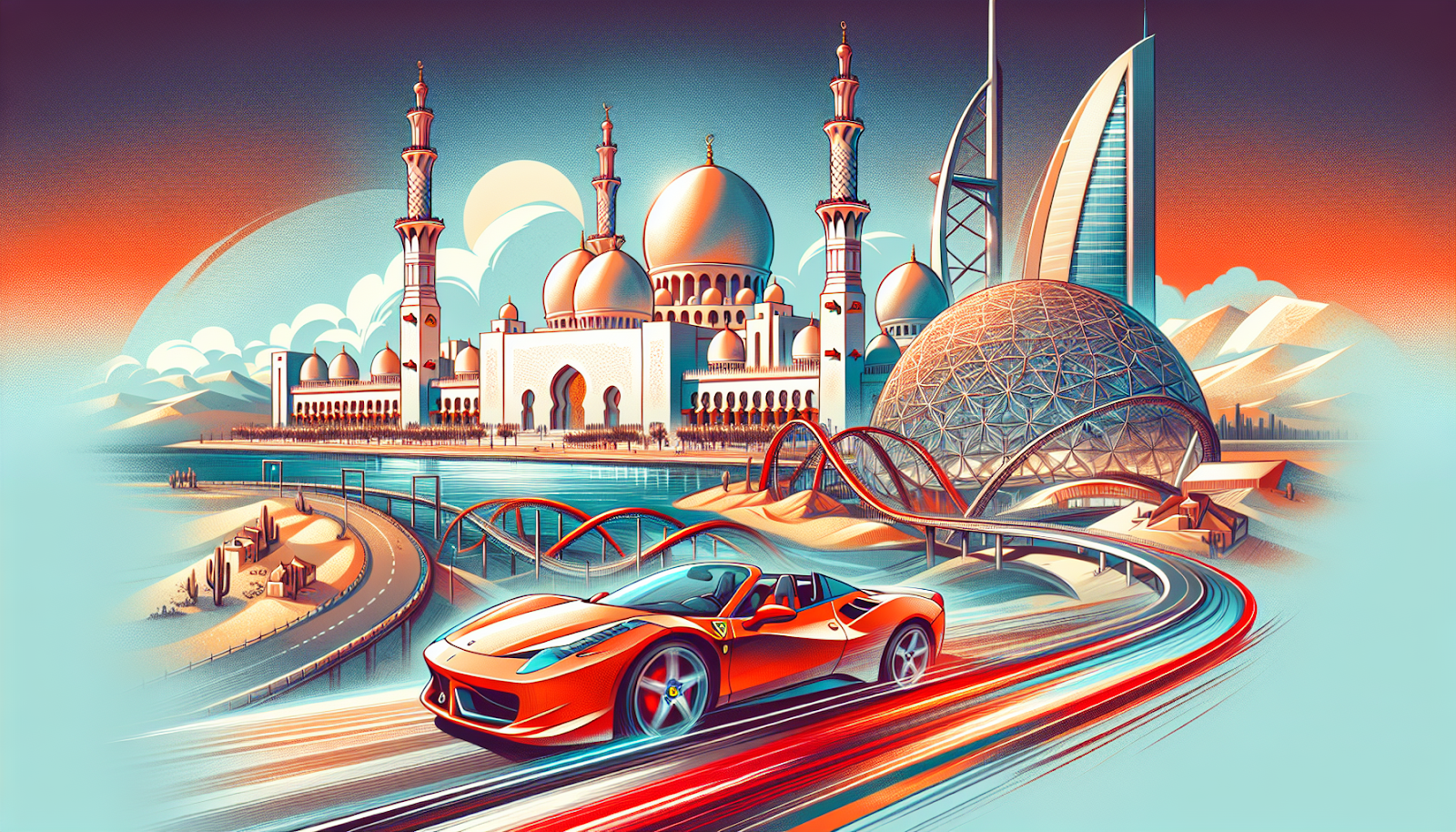 Illustration of tourist attractions along the route from Dubai to Abu Dhabi