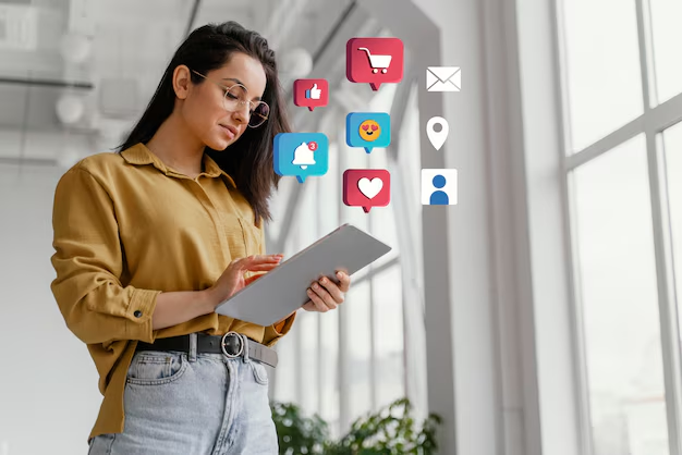 Imagen de una mujer joven con una tablet en la mano. De la tablet salen iconos relacionados a las redes sociales y al e-commerce.
