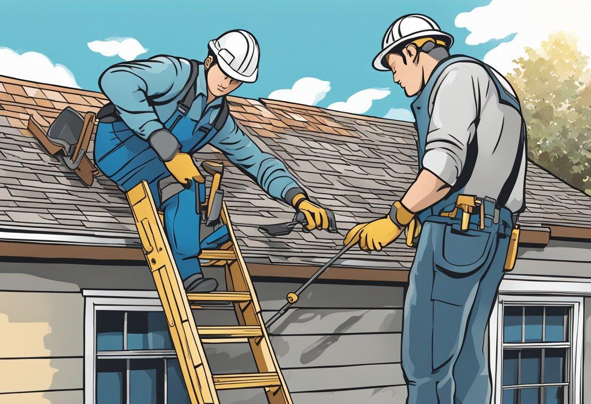 A figure on a ladder fixing damaged shingles on a roof. Tools and materials scattered nearby. Blue sky in the background