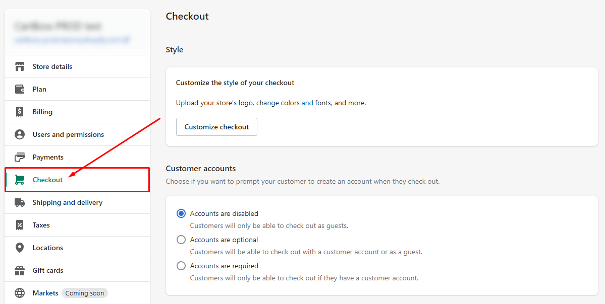 shopify check out setting