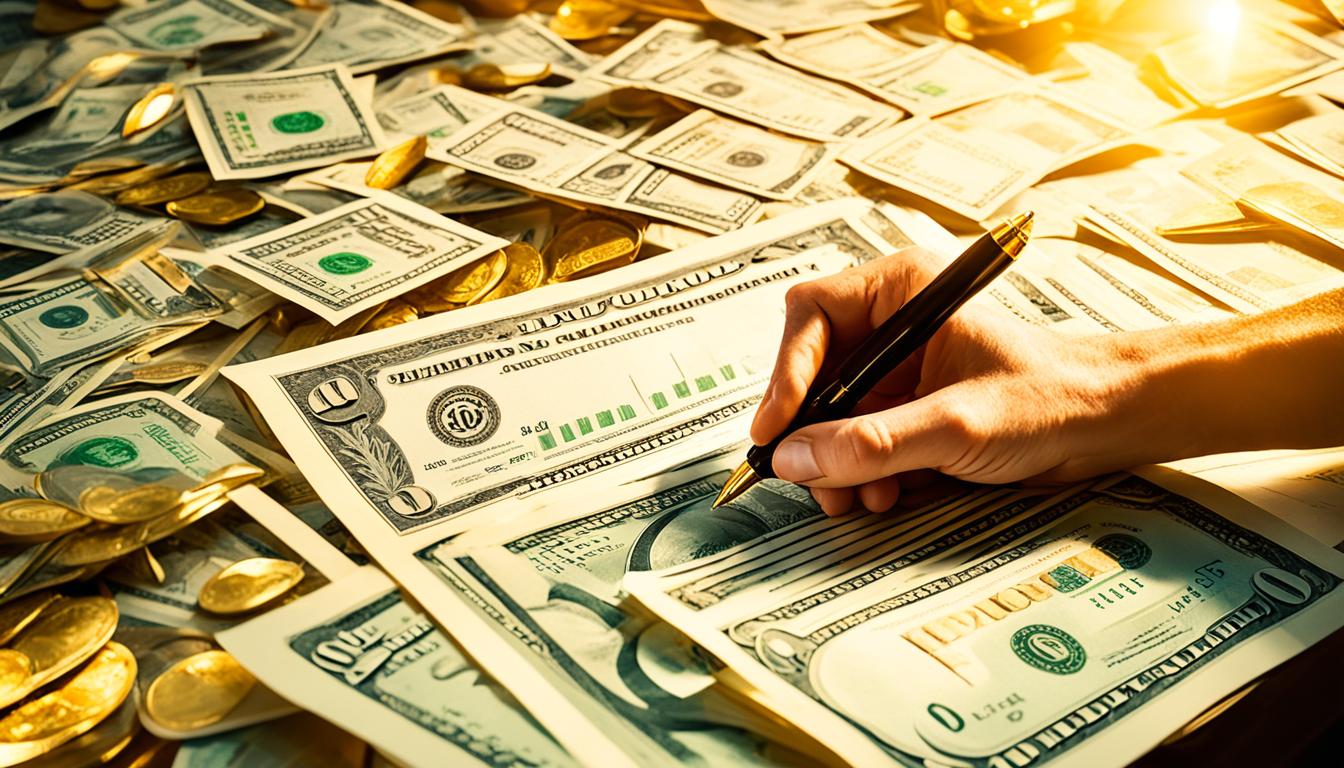 A hand holding a pen, surrounded by golden light and dollar bills floating around it. The pen is poised over a blank page, ready to write affirmations for wealth and abundance. The hand seems confident and determined, with a sense of purpose and focus. The golden light symbolizes success and prosperity, while the dollars represent financial abundance. The overall image is one of empowerment and manifestation through the power of writing and positive affirmations.