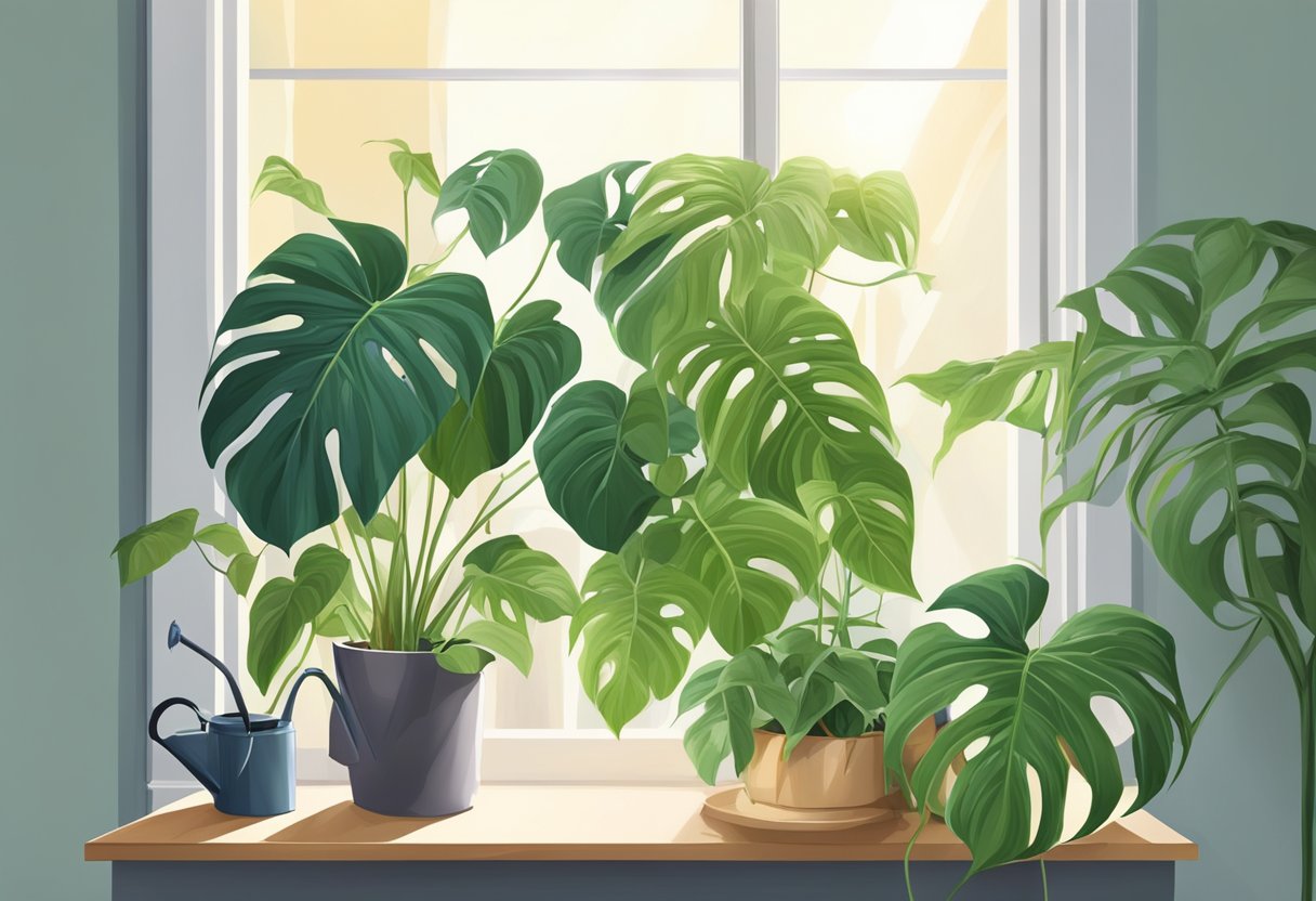 A bright room with a large, healthy philodendron plant in a decorative pot. The plant is positioned near a window, receiving ample sunlight. Watering can and pruning shears are nearby