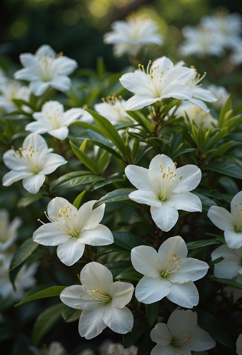 A garden filled with white azalea flowers in full bloom, with delicate petals and vibrant green leaves creating a beautiful and serene scene