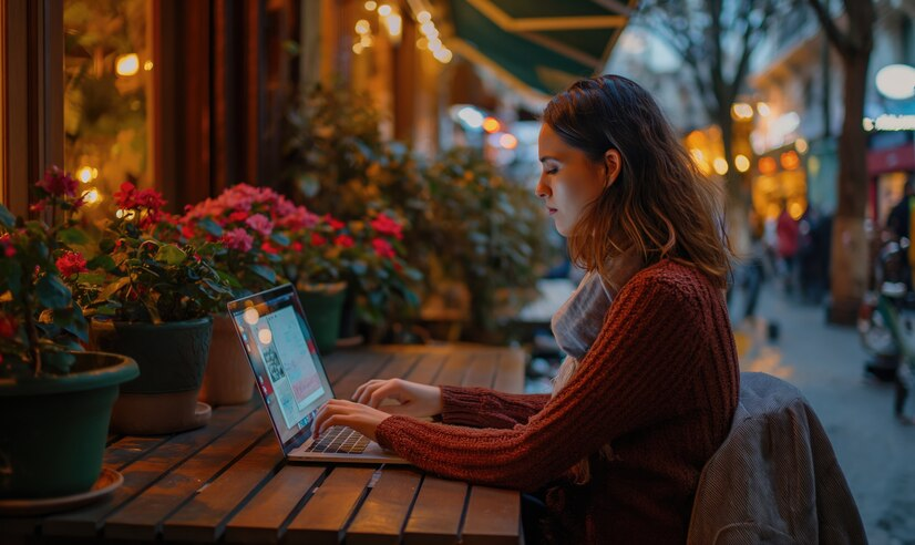 Woman working on a laptop besides a row of flower pots on an outside benchtop