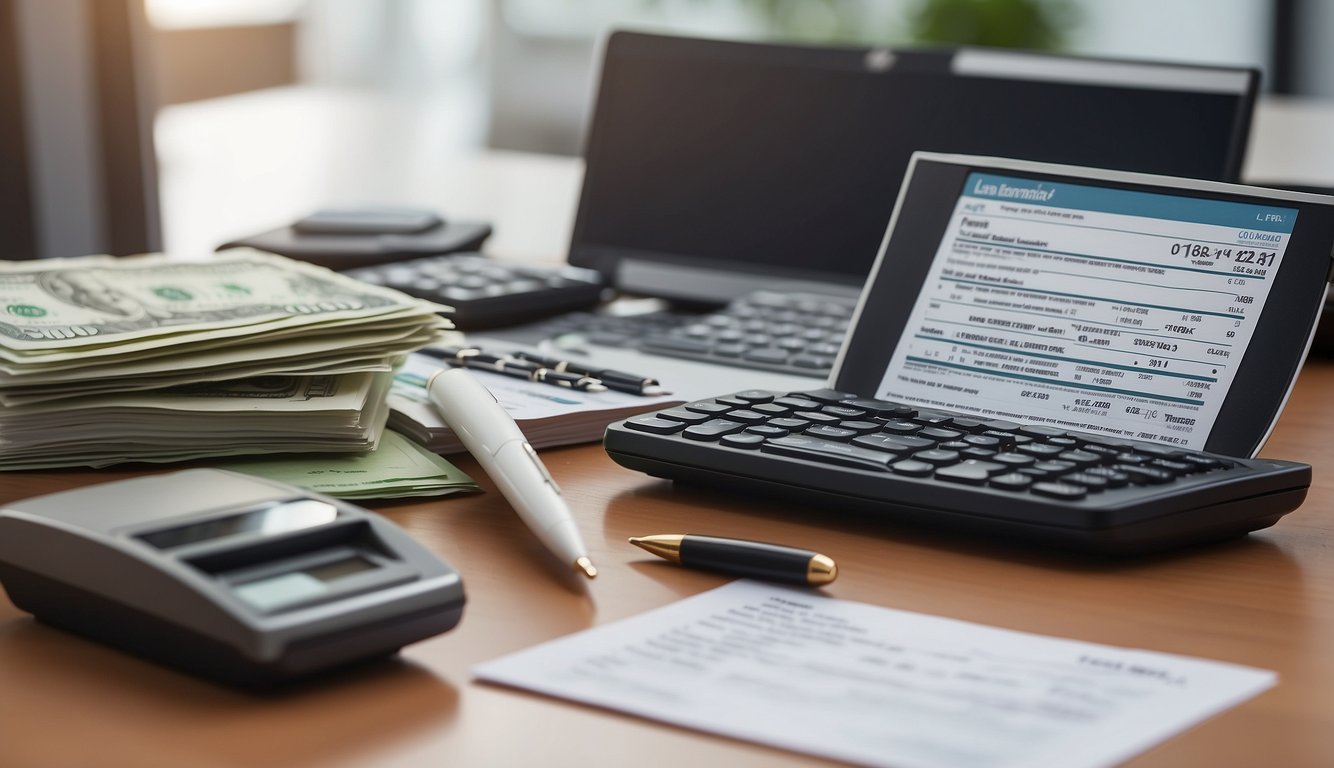 A stack of loan documents sits on a desk, next to a computer screen displaying the Phillip Credit Licensed Money Lender review. A pen and calculator are nearby