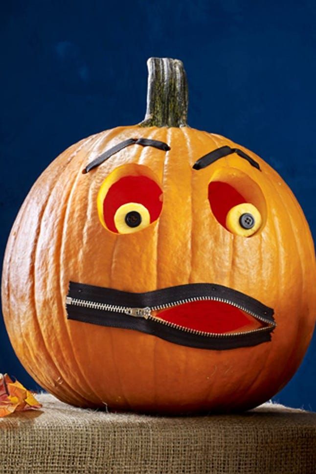 pumpkin carving ideas, pumpkin with carved out eyes and a zipper mouth