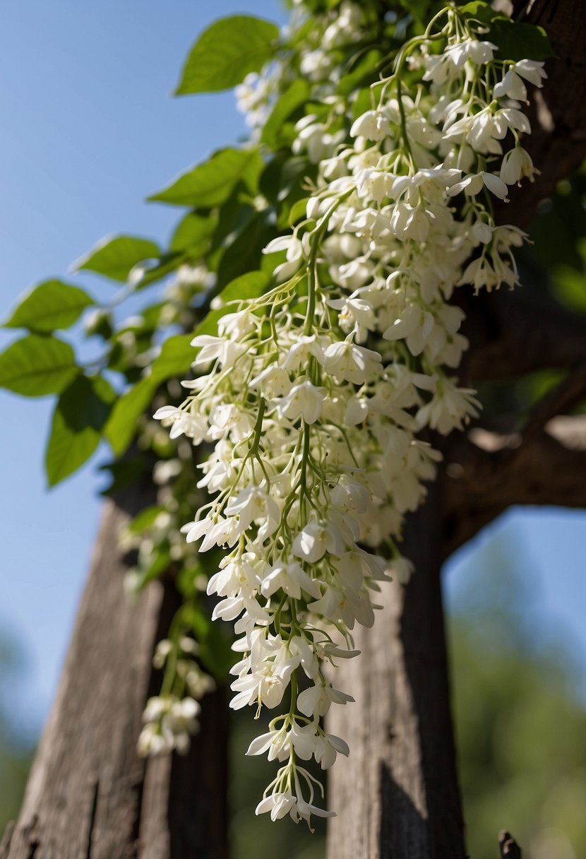 A cluster of white honeysuckle flowers cascading down a wooden trellis, with delicate green leaves and tendrils reaching out