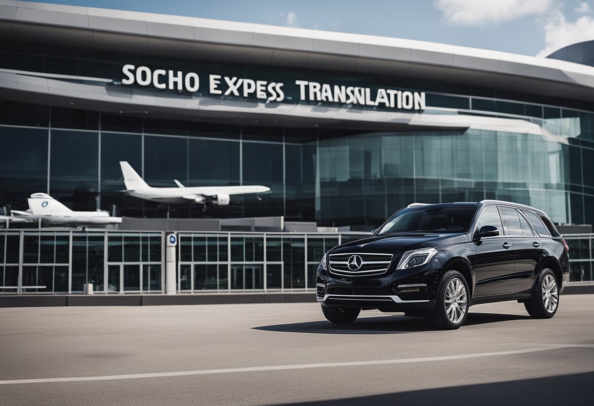 A sleek, modern car pulls up to the curb of a busy airport terminal, with the bold logo of Soho Express Transportation standing out on the vehicle's exterior