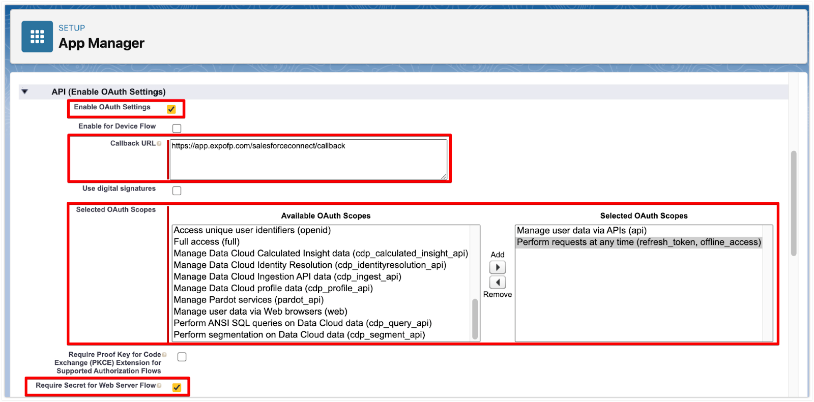 API section in Salesforce with "Enable OAuth Settings" "Callback URL" and "Selected OAuth Scopes" in boxes