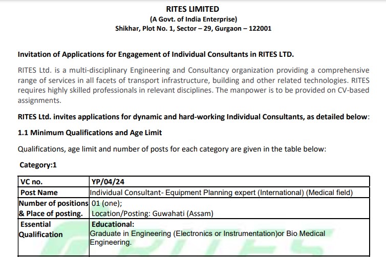 RITES Individual Consultant Recruitment