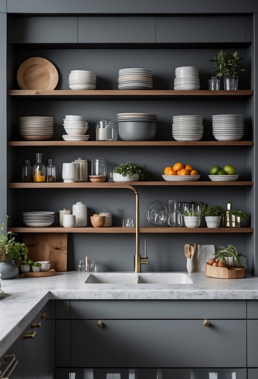 The kitchen scene features gray cabinets with open shelving, showcasing 35 different design ideas for gray kitchen cabinets