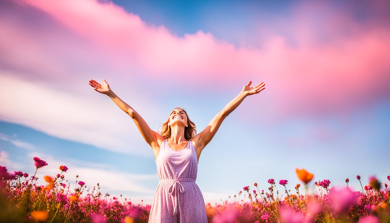 A woman standing in a field of flowers with her arms outstretched, looking up at the sky with a smile on her face. Her eyes are closed, and she appears to be radiating positivity and love. Behind her, a silhouette of her dream man is visible, walking towards her with open arms. The sky behind them is a vibrant shade of pink and orange, symbolizing the start of a beautiful new beginning.